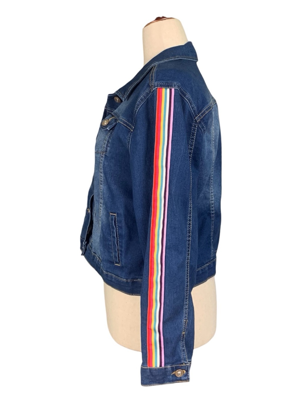 Wonder Nation Denim Jean Jacket Rainbow Stripe Button‎ Up Dark Wash Size XL (Jr)